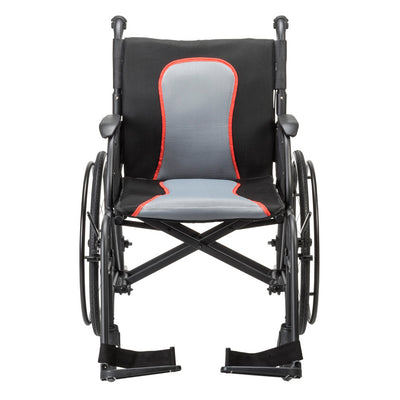 Front view of the black AeroFly wheelchair with gray seat and backrest panels, red trim, and separate footrests.