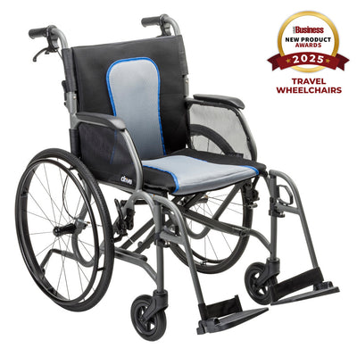 Gray Drive Medical AeroFly wheelchair shown from a front angle with gray seating, blue trim, black armrests, and footrests.
