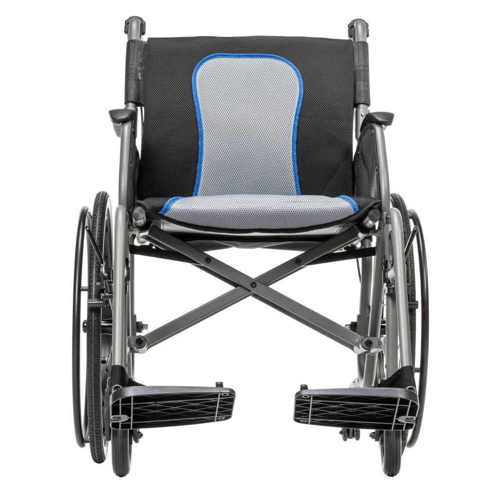 Front view of the gray AeroFly wheelchair with gray seat and backrest panels, blue trim, and separate footrests.