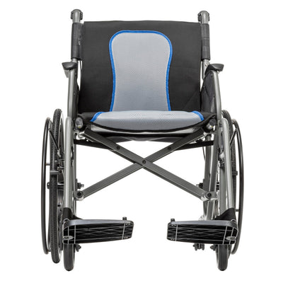 Front view of the gray AeroFly wheelchair with gray seat and backrest panels, blue trim, and separate footrests.