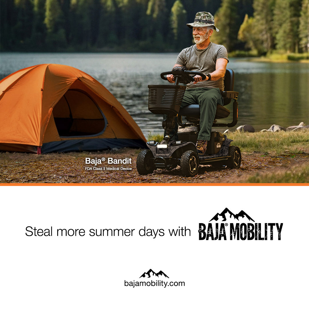 Man riding a camouflage Baja Bandit scooter beside an orange tent and lake, with Baja Mobility branding and the message “Steal more summer days.”