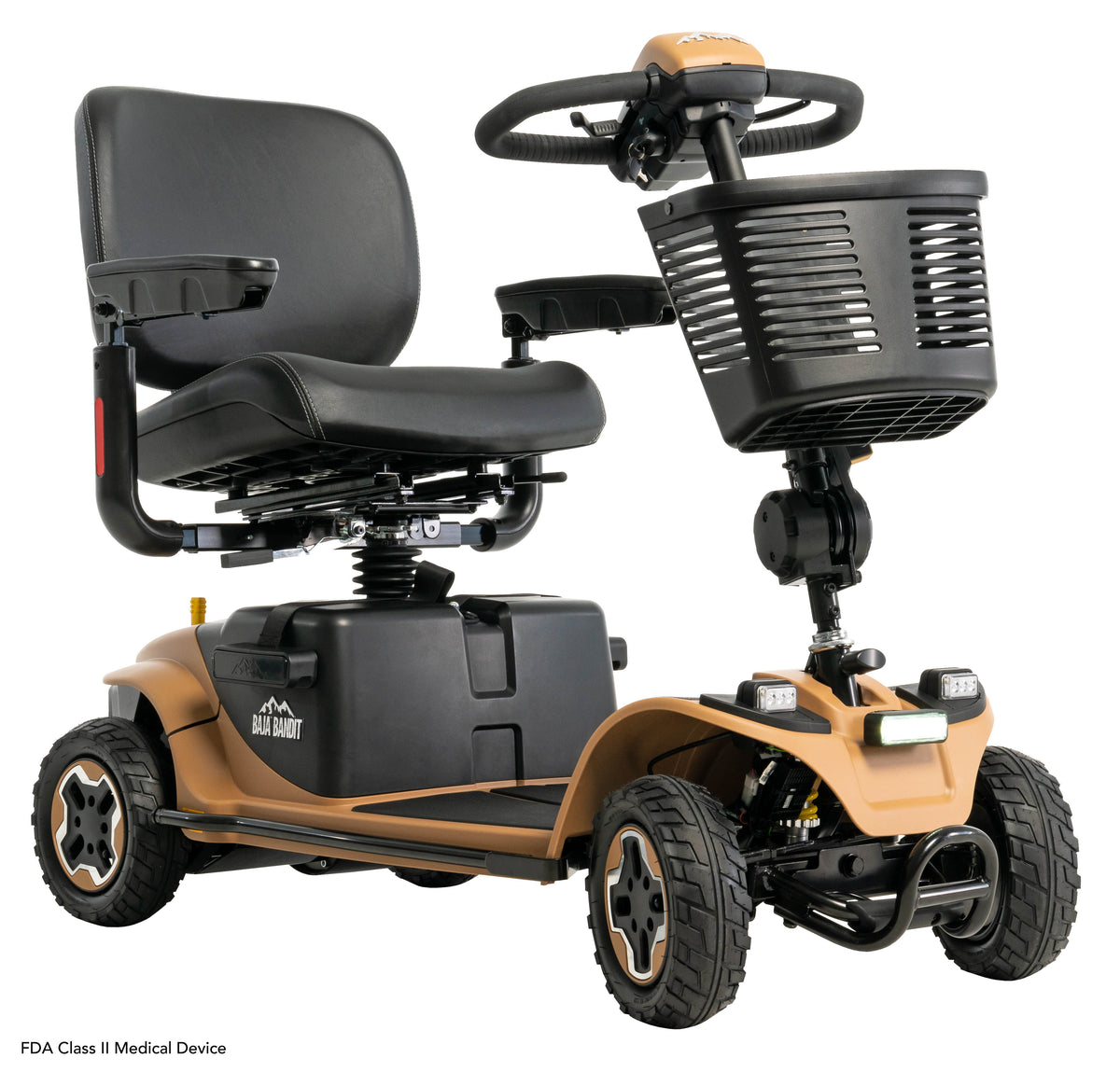 Front three-quarter view of the Baja Bandit scooter in Tan, showing its basket, illuminated headlight, front suspension, and protective black bumper.