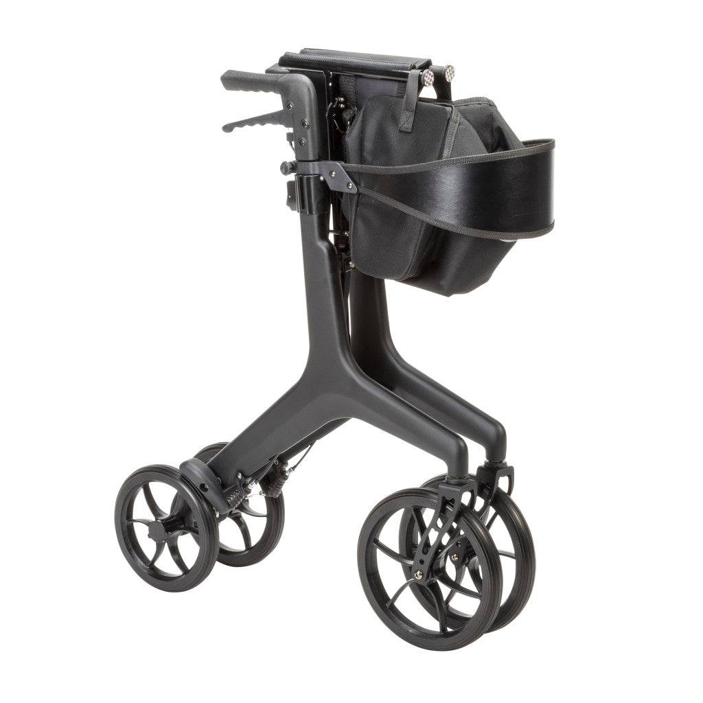 Black AeroCarbon rollator folded inward, showing its compact carbon fiber frame, wheels, handles, and backrest.