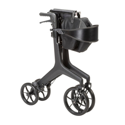 Black AeroCarbon rollator folded inward, showing its compact carbon fiber frame, wheels, handles, and backrest.