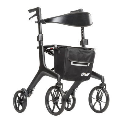 Black AeroCarbon carbon fiber rollator shown at an angle with four wheels, hand brakes, seat, curved backrest, and front storage bag.