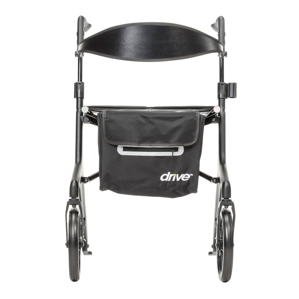 Front view of the black AeroCarbon rollator with a curved backrest, storage bag with Drive logo, and carbon fiber frame.