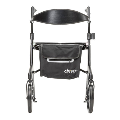 Front view of the black AeroCarbon rollator with a curved backrest, storage bag with Drive logo, and carbon fiber frame.