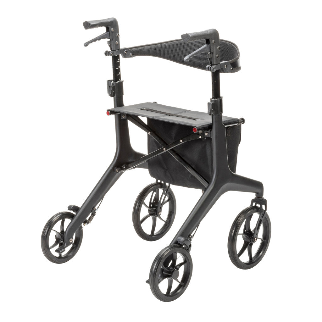 Rear angled view of the black AeroCarbon rollator showing the seat, supportive backrest, hand brakes, and storage bag beneath the seat.