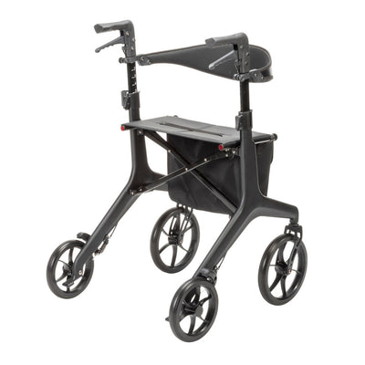 Rear angled view of the black AeroCarbon rollator showing the seat, supportive backrest, hand brakes, and storage bag beneath the seat.
