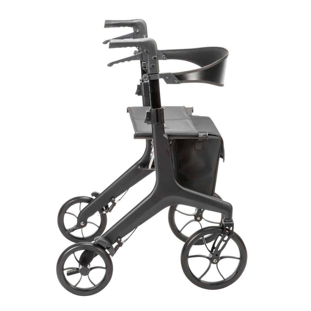 Side view of the black AeroCarbon rollator showing its carbon fiber frame, seat, backrest, storage bag, and wheels.