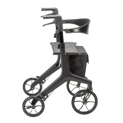 Side view of the black AeroCarbon rollator showing its carbon fiber frame, seat, backrest, storage bag, and wheels.