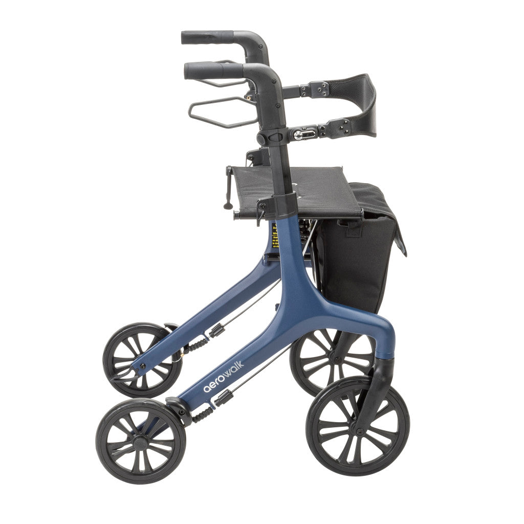 Side view of the blue AeroWalk rollator highlighting its handles, brake levers, seat, storage bag, and four-wheel frame.