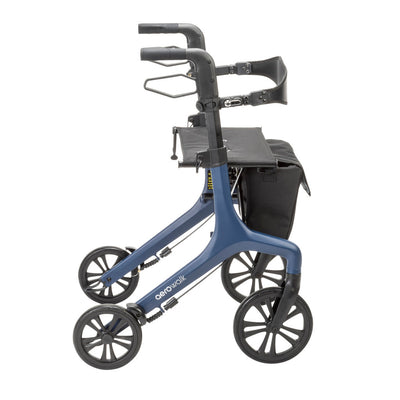 Side view of the blue AeroWalk rollator highlighting its handles, brake levers, seat, storage bag, and four-wheel frame.