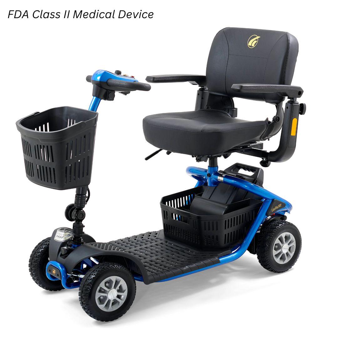 Blue Golden LiteRider FDA Class II medical scooter featuring a padded swivel seat, four-wheel stability, headlight and two storage baskets.