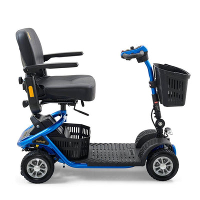 Side view of the Golden LiteRider 4-wheel scooter featuring a spacious floorboard, padded seat and dual storage baskets.