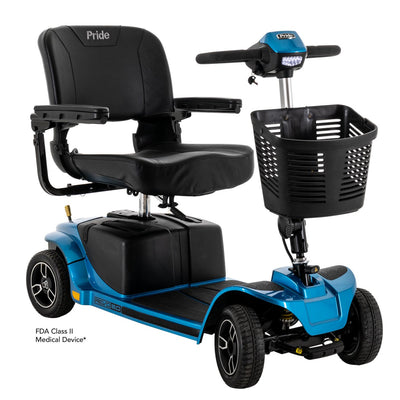 Front angled view of the blue Pride Revo 2.0 scooter with a black padded seat, armrests, front storage basket, and illuminated LED headlight.
