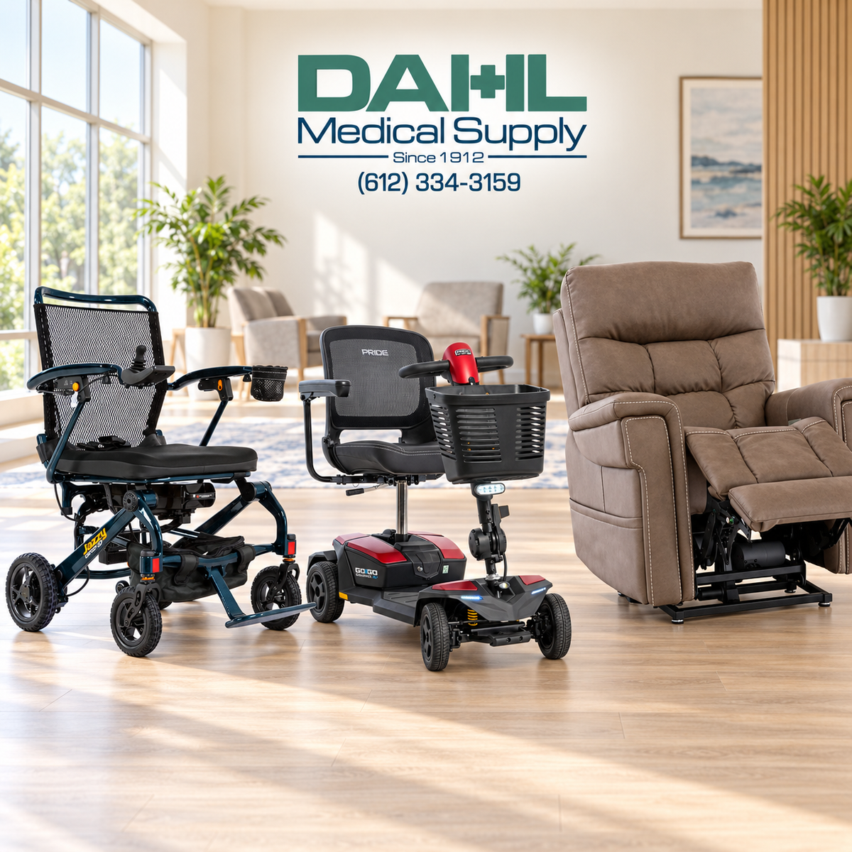 Pride Jazzy Carbon 27 power wheelchair, Go Go Endurance AL+ mobility scooter, and power lift recliner displayed in a bright, naturally lit room with the Dahl Medical Supply logo.