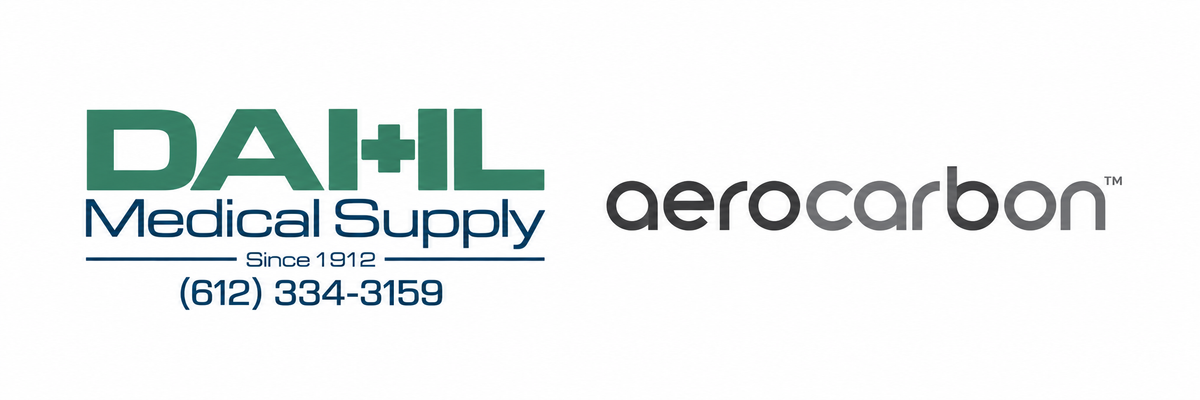 Dahl Medical Supply logo with “Since 1912” and phone number (612) 334-3159 beside the AeroCarbon logo on a white background.
