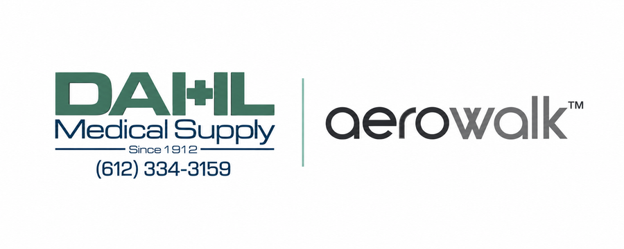 Dahl Medical Supply and AeroWalk logos displayed side by side on a white background, separated by a thin teal line. The Dahl logo includes “Since 1912” and phone number (612) 334-3159.