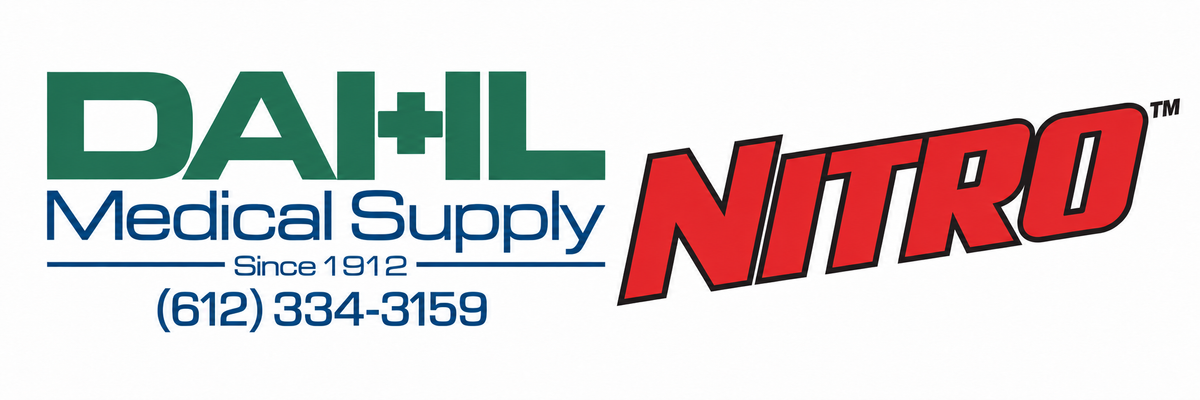 Dahl Medical Supply logo on the left with “Since 1912” and phone number 612-334-3159, beside a red Nitro logo with a black outline on a white background.