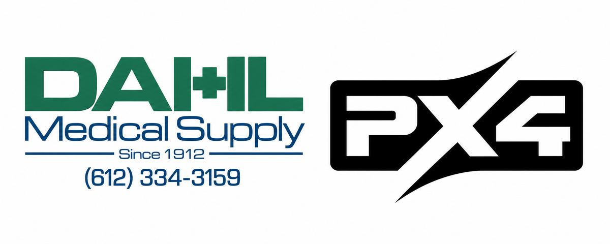Green and blue Dahl Medical Supply logo with “Since 1912” and phone number 612-334-3159 beside the black PX4 logo on a white background.