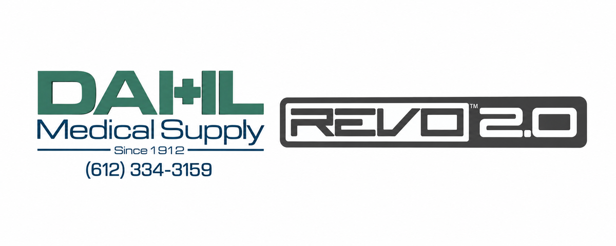 Dahl Medical Supply logo with “Since 1912” and phone number 612-334-3159 beside the Revo 2.0 logo on a white banner.