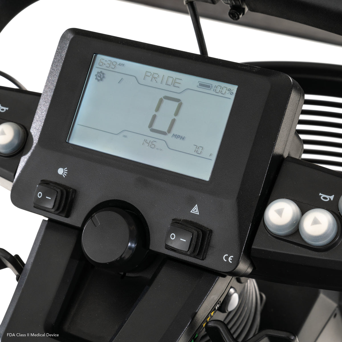 Pride PX4 digital display showing speed, battery level, mileage, time, and operating information.