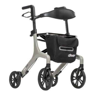 Angled view of the grey Drive AeroWalk rollator featuring a black seat, curved backrest, storage bag, and four black wheels.