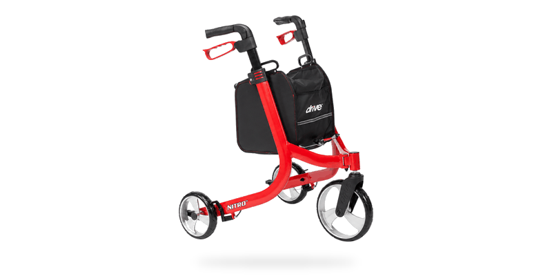 Looping animation of a red Drive Nitro three-wheel rollator gently floating against a white background, showing its black storage bag, ergonomic handles, and three-wheel frame.