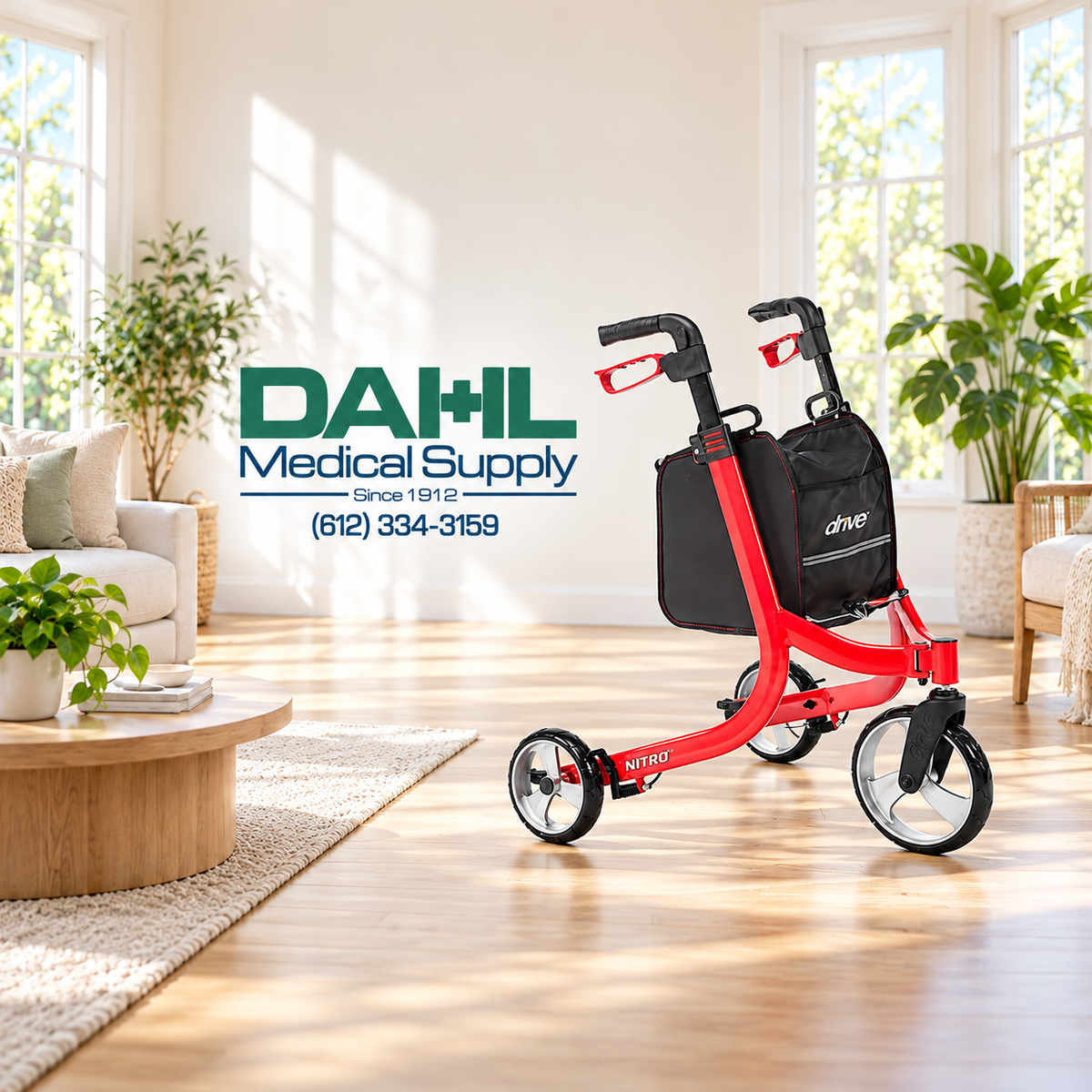 Red Drive Nitro three-wheel rollator with a black storage bag beside the Dahl Medical Supply logo in a sunlit living room with large windows and green plants.