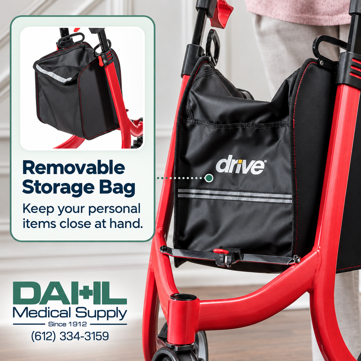Close-up of the black storage bag on a red Drive Nitro rollator, with a green and navy callout reading “Removable Storage Bag—Keep your personal items close at hand” and the Dahl Medical Supply logo.