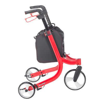 Side view of the red Drive Nitro rollator showing its three-wheel frame, adjustable handles, and storage bag.