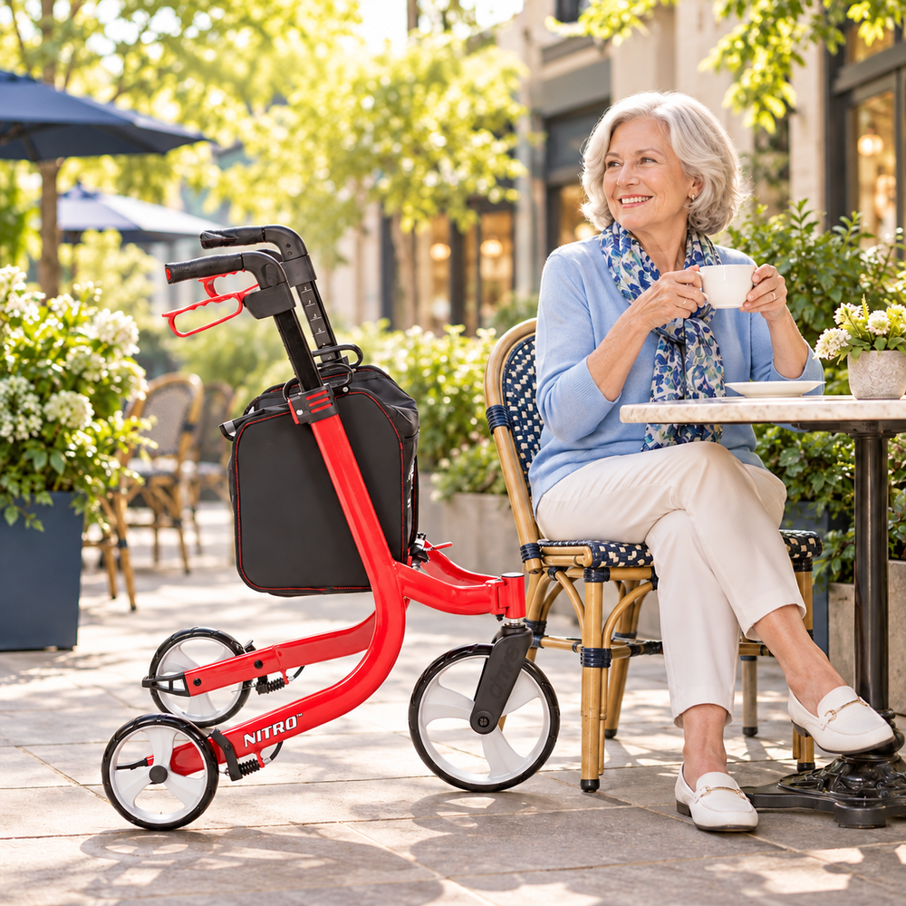 Woman enjoying coffee on a sunlit café patio with a red Drive Nitro 3-Wheel Rollator and black storage bag parked beside her chair.