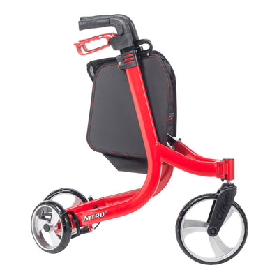 Red Drive Nitro three-wheel rollator partially folded, showing the frame drawing together for storage.