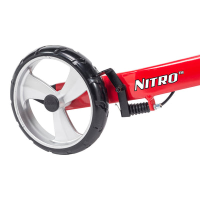 Close-up of the Drive Nitro rollator’s rear wheel, brake assembly, and red frame with Nitro branding.