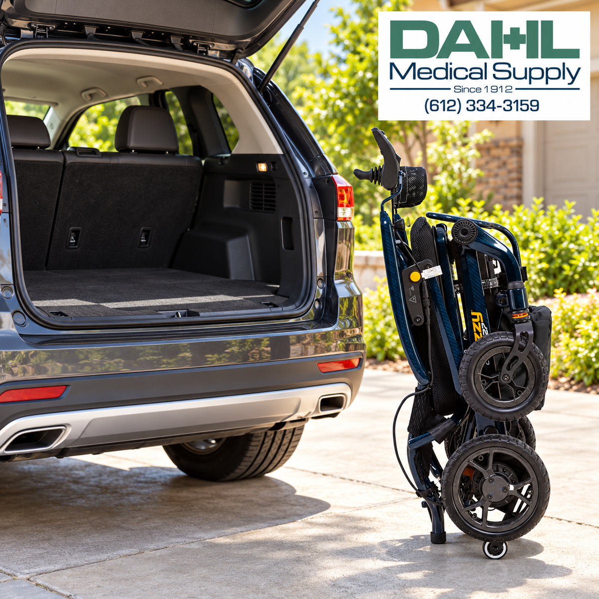 Night Sky Pride Jazzy Carbon 27 power wheelchair folded upright beside the open cargo area of an SUV, with the Dahl Medical Supply logo in the upper right corner.