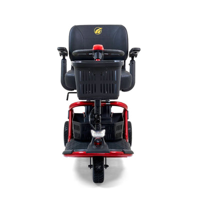 Front view of the red Golden LiteRider 3-wheel scooter showing its narrow front wheel, headlight, basket and comfortable seat.
