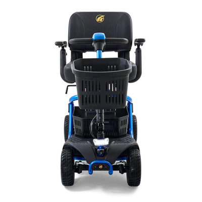 Front view of the blue Golden LiteRider showing its four-wheel stability, headlight, storage baskets and comfortable seat.