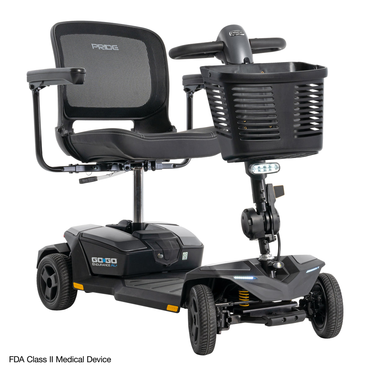 Close-up view of the Go Go Endurance AL+ highlighting its padded swivel seat, mesh backrest, front basket, and LED headlight.