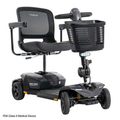 Close-up view of the Go Go Endurance AL+ highlighting its padded swivel seat, mesh backrest, front basket, and LED headlight.