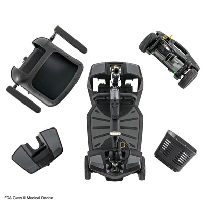The Go Go Endurance AL+ scooter disassembled into lightweight components for convenient transport, storage, and travel.