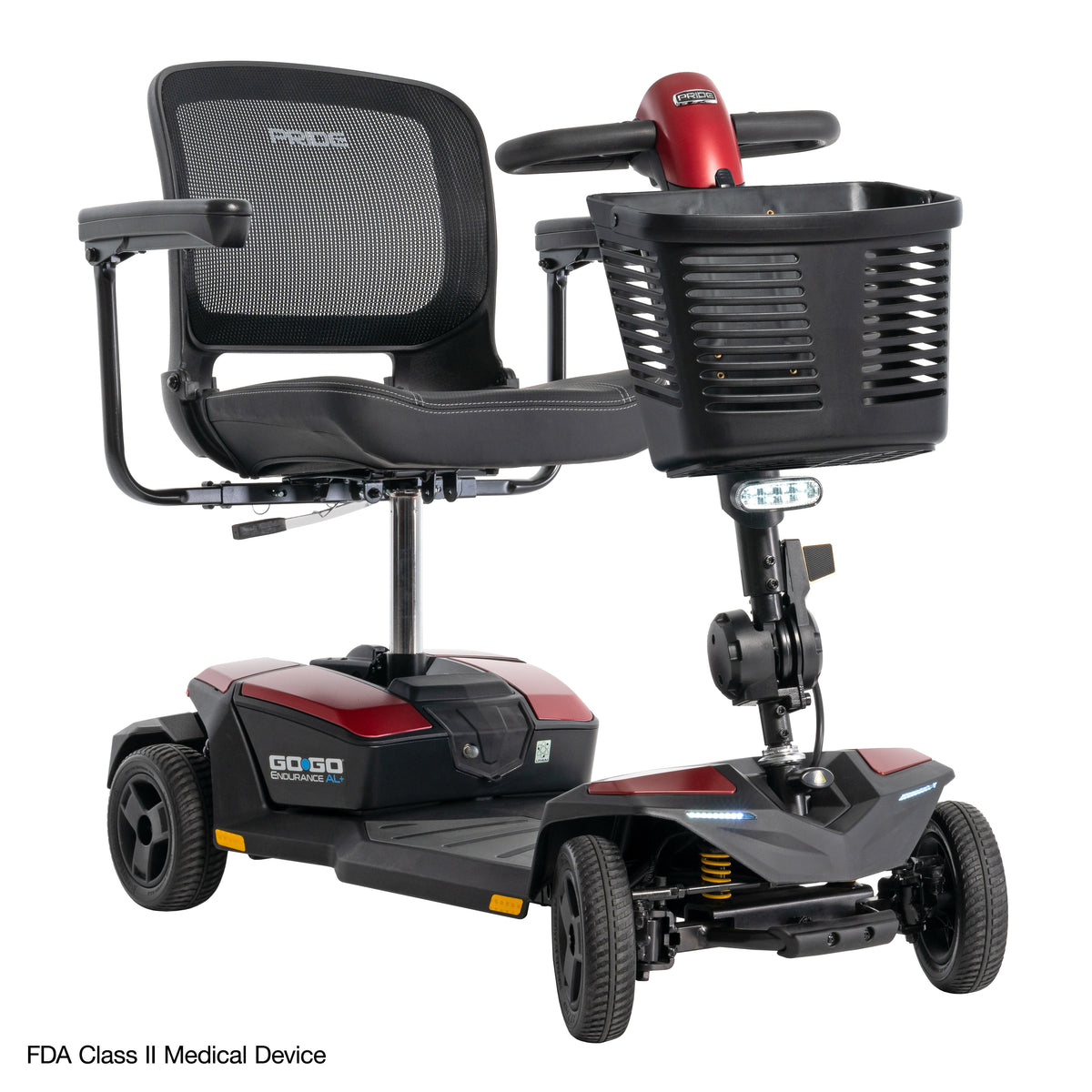 Front three-quarter view of the Go Go Endurance AL+ scooter featuring red accents, LED lighting, mesh-back seat, and spacious front basket.