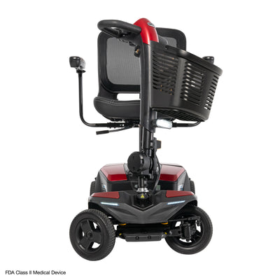 Front view of the Go Go Endurance AL+ mobility scooter highlighting its LED lighting, front basket, suspension, and comfortable seating.