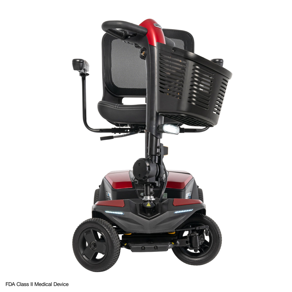 Front view of the Go Go Endurance AL+ mobility scooter highlighting its LED lighting, front basket, suspension, and comfortable seating.