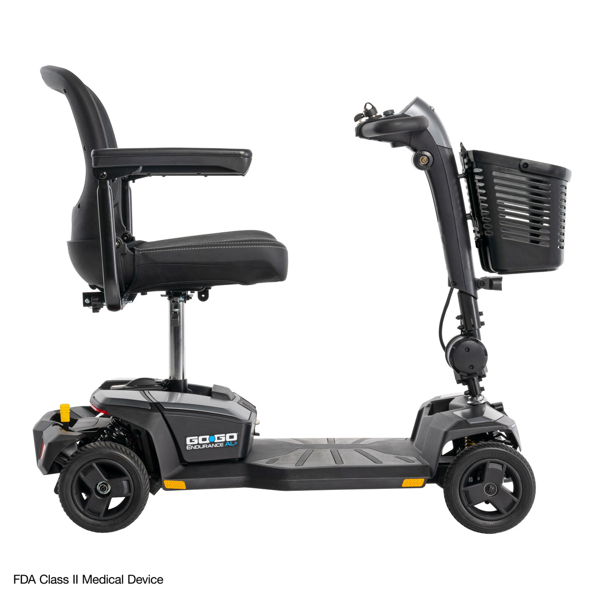 Rear side view of the Go Go Endurance AL+ mobility scooter showcasing its suspension system, adjustable seating, and stable four-wheel design.