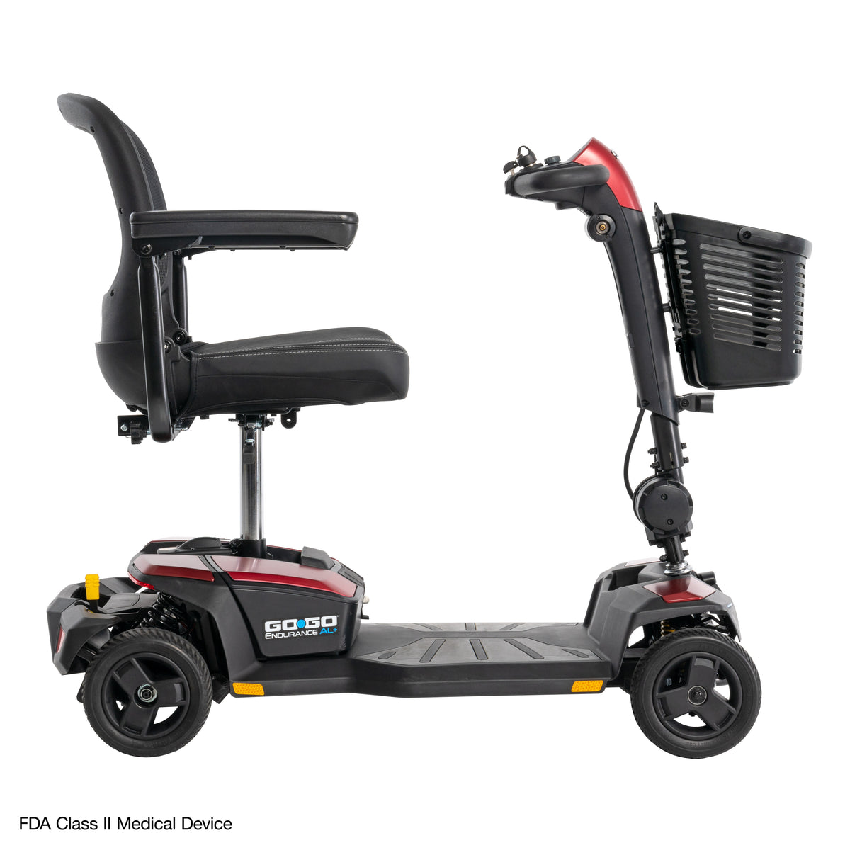Side view of the Go Go Endurance AL+ showcasing its comfortable seating, durable frame, and long foot platform for everyday mobility.