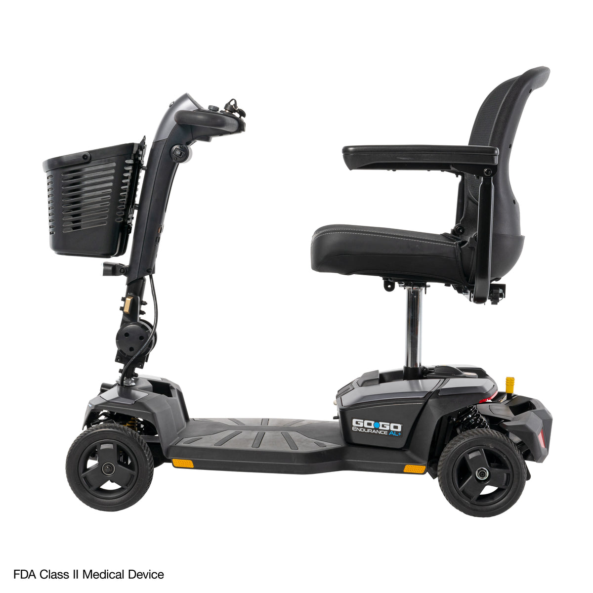 ide profile of the Go Go Endurance AL+ scooter showing its spacious foot platform, adjustable seat, and durable travel-ready design.