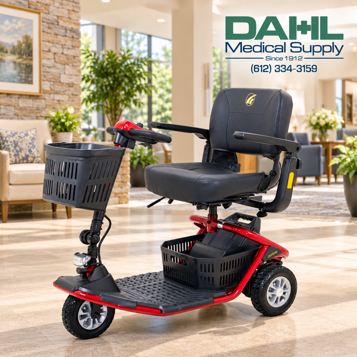 Red Golden LiteRider 3-wheel mobility scooter displayed in a welcoming indoor setting with the Dahl Medical Supply logo.