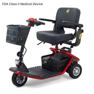 Red Golden LiteRider 3-wheel scooter featuring a padded seat, adjustable armrests, dual storage baskets and front headlight.