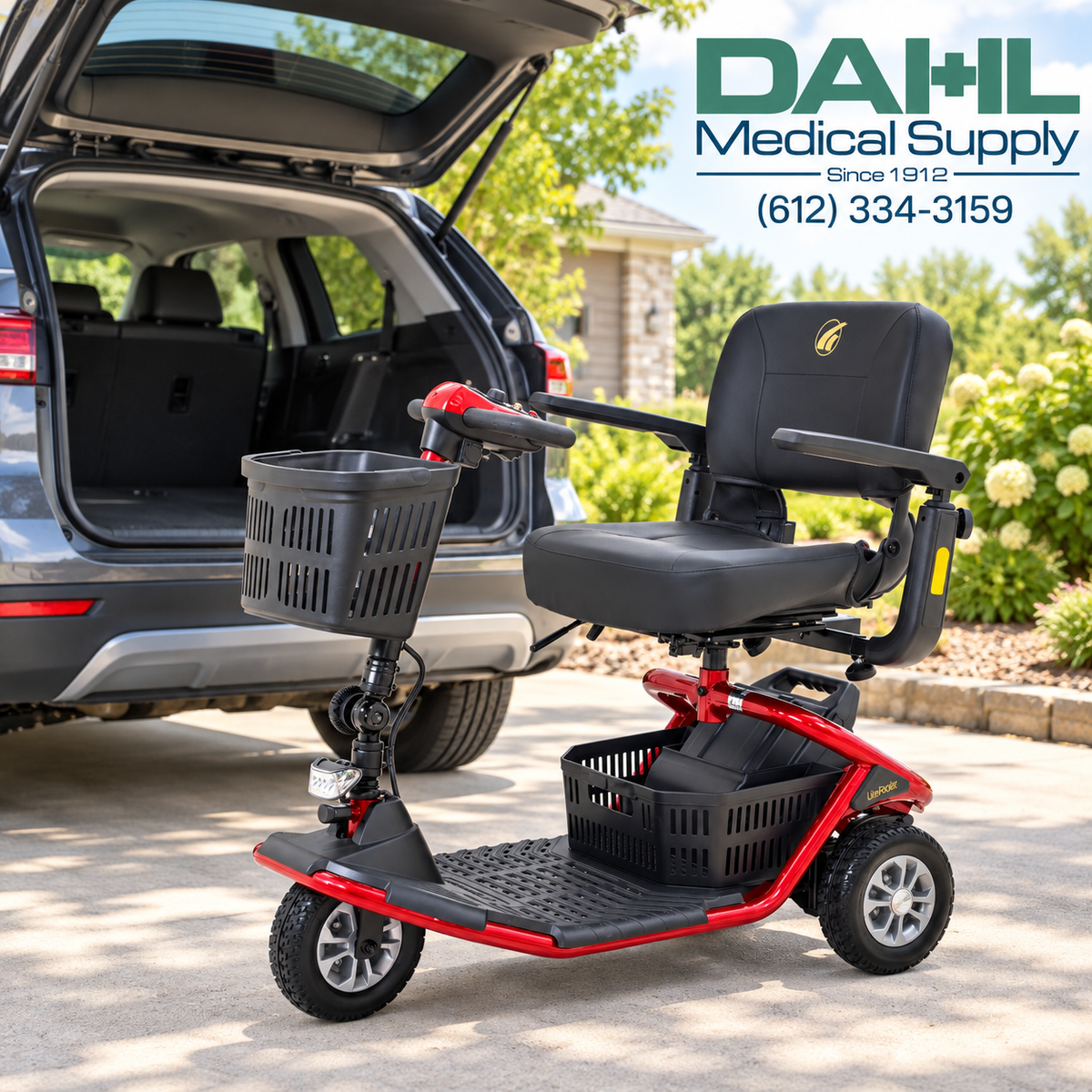 Red Golden LiteRider 3-wheel mobility scooter beside an open SUV, highlighting convenient travel and transportation with Dahl Medical Supply.